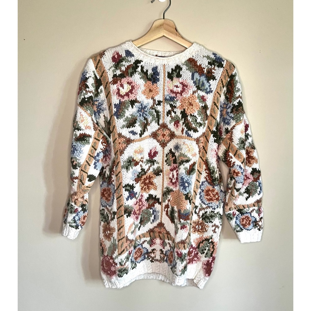 Cristal-Kobe Vintage Floral Tapestry Chunky Knit Sweater Petite Cream Multi 90s - Picture 3 of 14